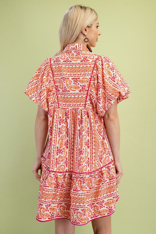 Pink Mix Paisley Print Mnini Dress with Puff Sleeves