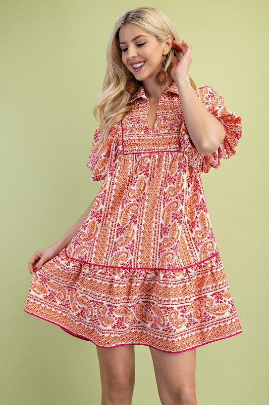 Pink Mix Paisley Print Mnini Dress with Puff Sleeves