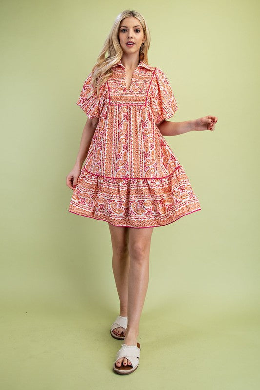 Pink Mix Paisley Print Mnini Dress with Puff Sleeves