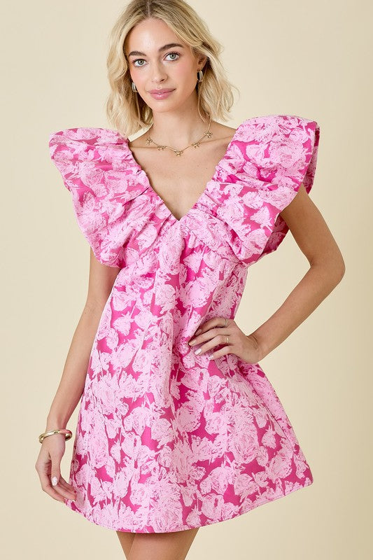 Pink Jacquard Ruffle Sleeve Mini Dress with Velvet Tie