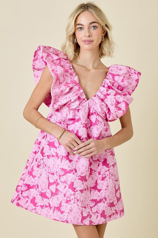 Pink Jacquard Ruffle Sleeve Mini Dress with Velvet Tie