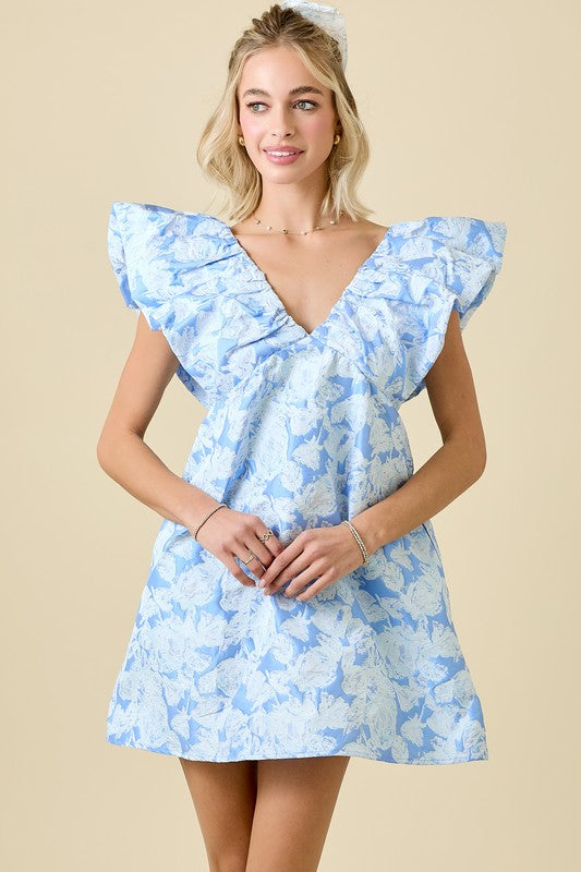 Blue Jacquard Ruffle Sleeve Mini Dress with Velvet Tie