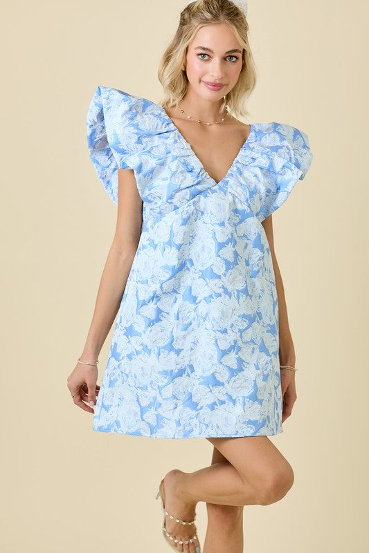 Blue Jacquard Ruffle Sleeve Mini Dress with Velvet Tie