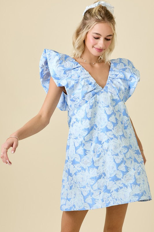 Blue Jacquard Ruffle Sleeve Mini Dress with Velvet Tie