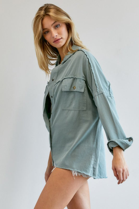 Dusty Blue Button Down Long Sleeve Shirt with Pockets