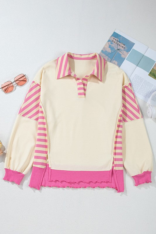 Pink Stripped Patchwork Pullover Long Sleeve Sweater