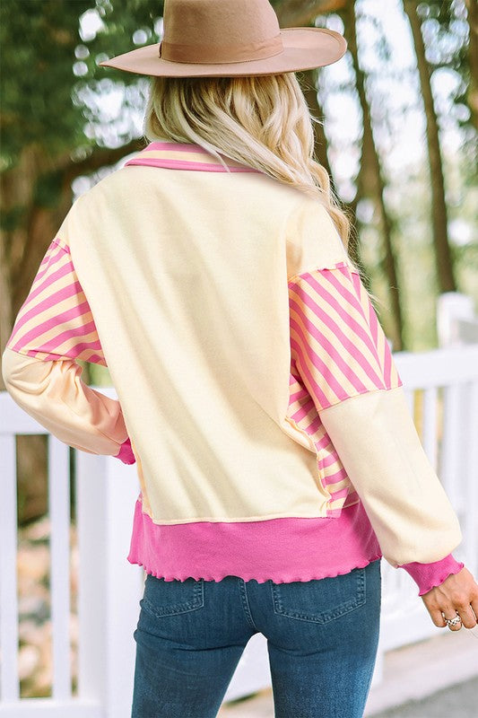 Pink Stripped Patchwork Pullover Long Sleeve Sweater