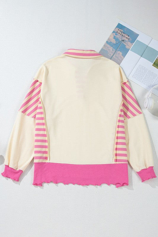 Pink Stripped Patchwork Pullover Long Sleeve Sweater