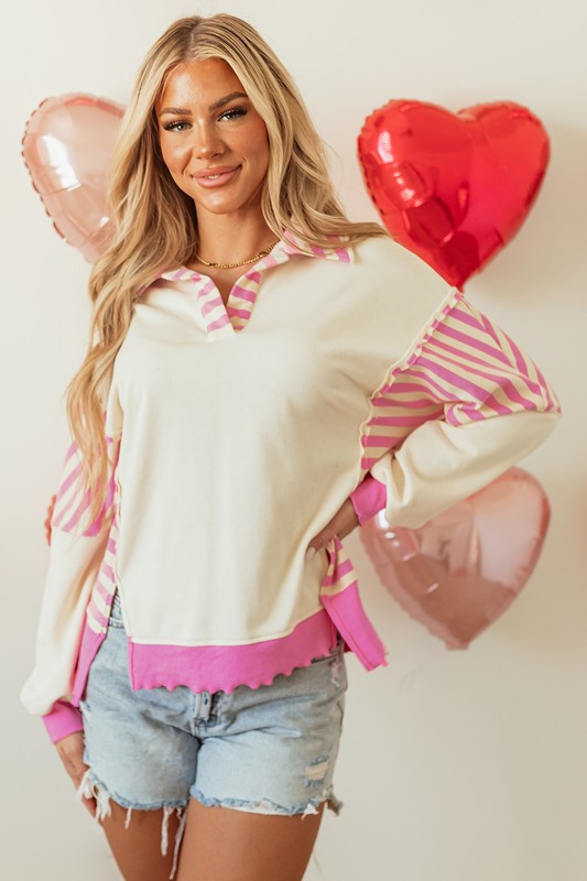 Pink Stripped Patchwork Pullover Long Sleeve Sweater