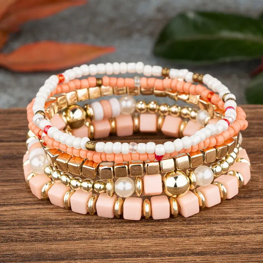 Pink 5 Piece Beaded Bracelet Set