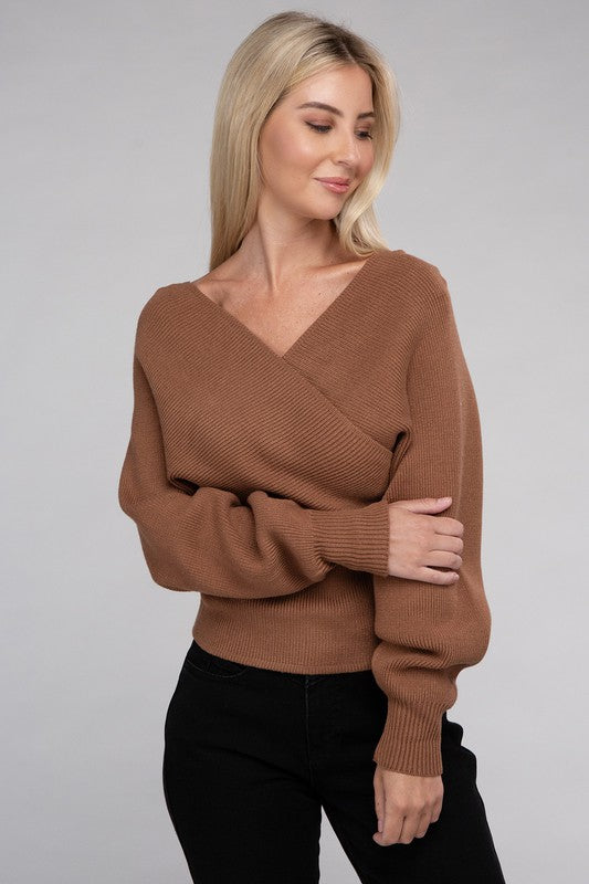 Deep Camel Cross Wrap Pullover Sweater