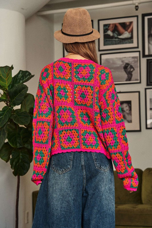 Pink Neon Multi Granny Patch Crochet Sweater 