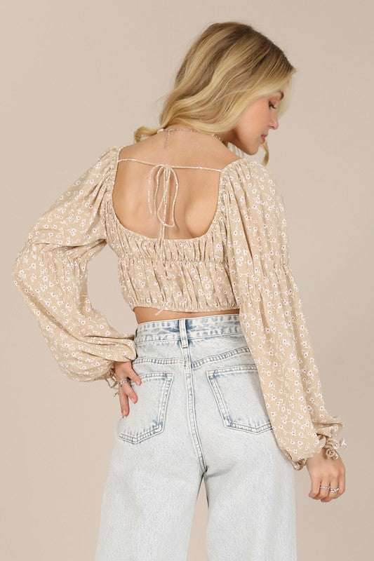 Beige Floral Long Sleeve Crop Top