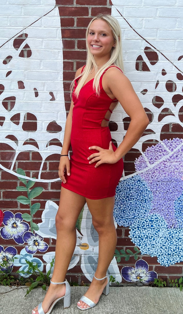  Red Glitter Stretch Bodycon Mini Homecoming Dress with V-Neckline Spaghetti Straps and Criss Cross Back