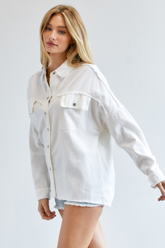 White Blue Button Down Long Sleeve Shirt with Pockets