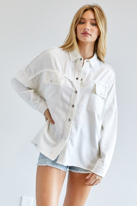 White Blue Button Down Long Sleeve Shirt with Pockets