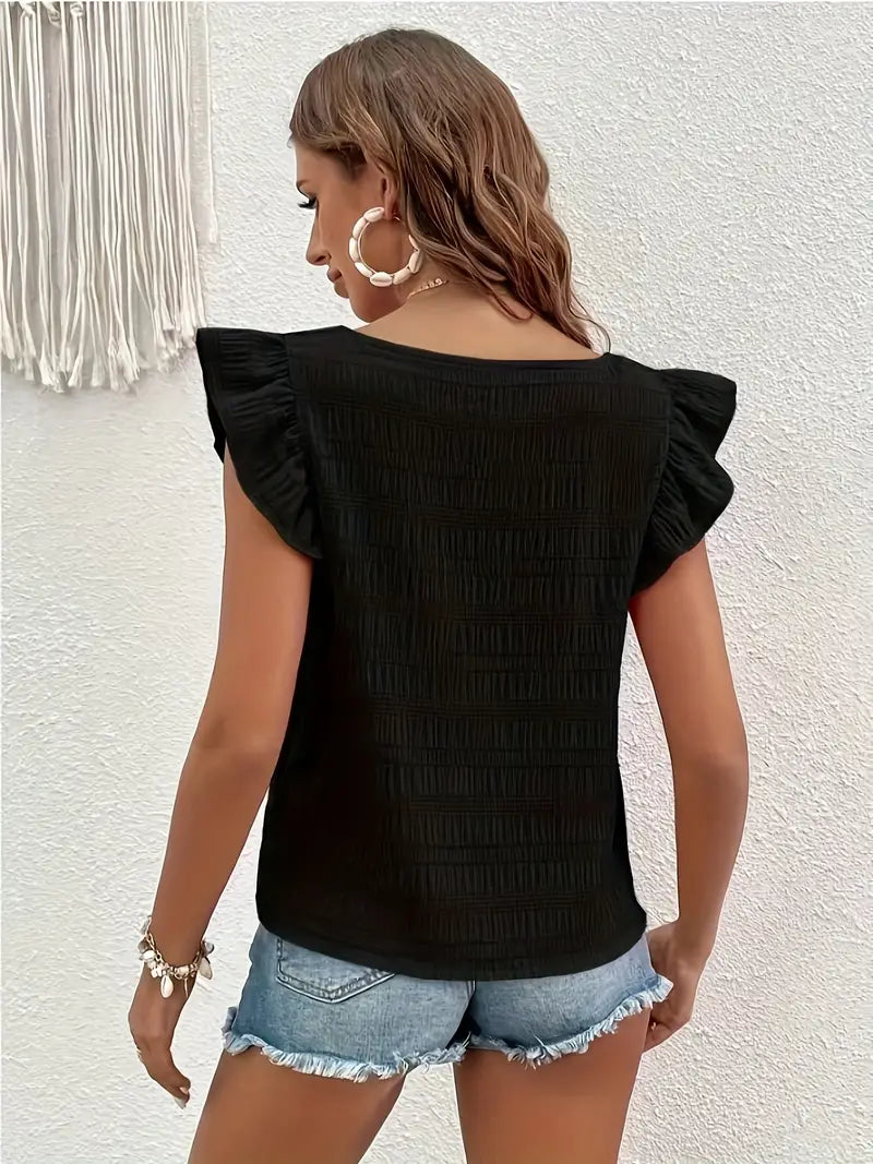 Black Square Neck Ruffle Sleeve Textured Top
