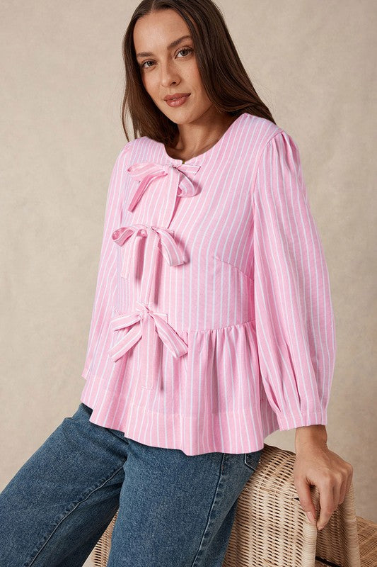 Pink Stripe Tie Front Puff Sleeve Top