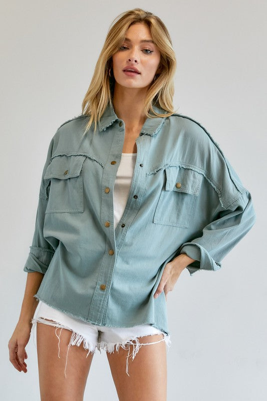 Dusty Blue Button Down Long Sleeve Shirt with Pockets