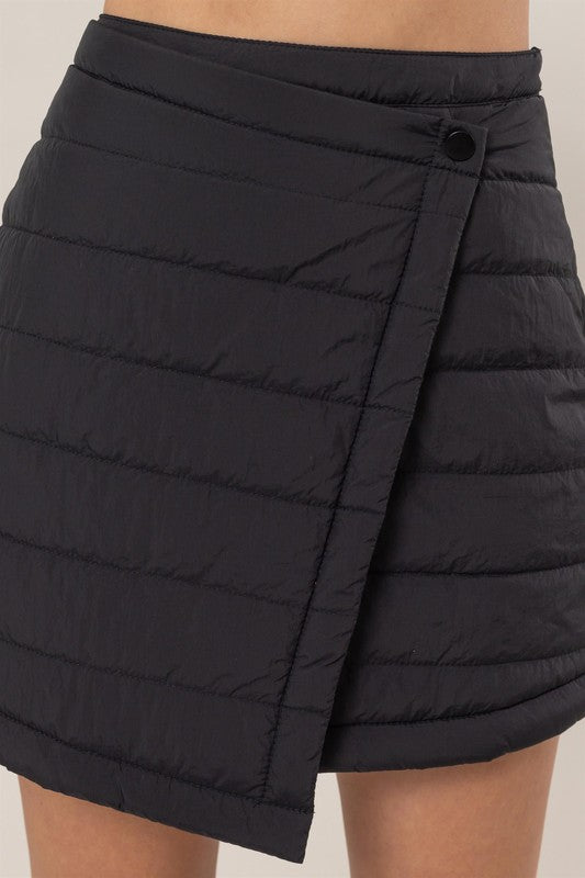 Black Puffer Wrap Mini Skirt