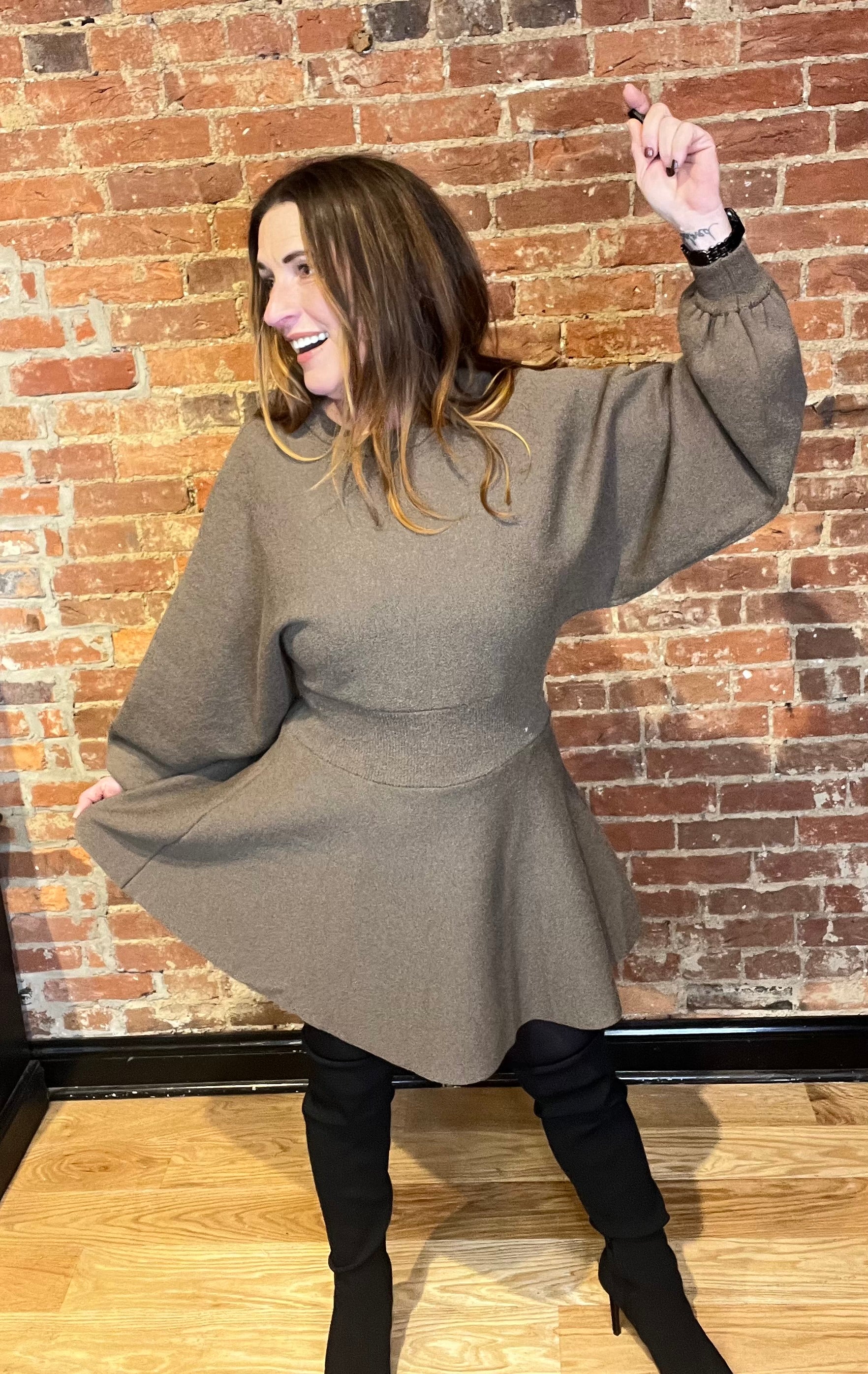 Mocha Balloon Sleeve Mini Sweater Dress