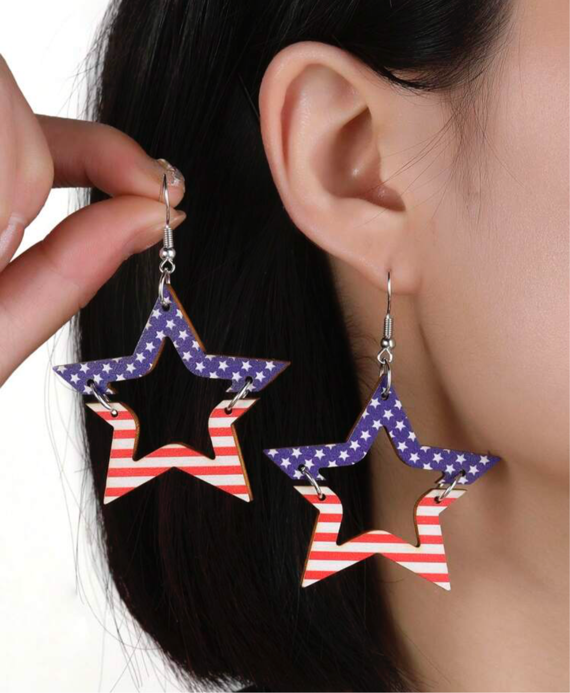 Wooden American Flag Star Earrings