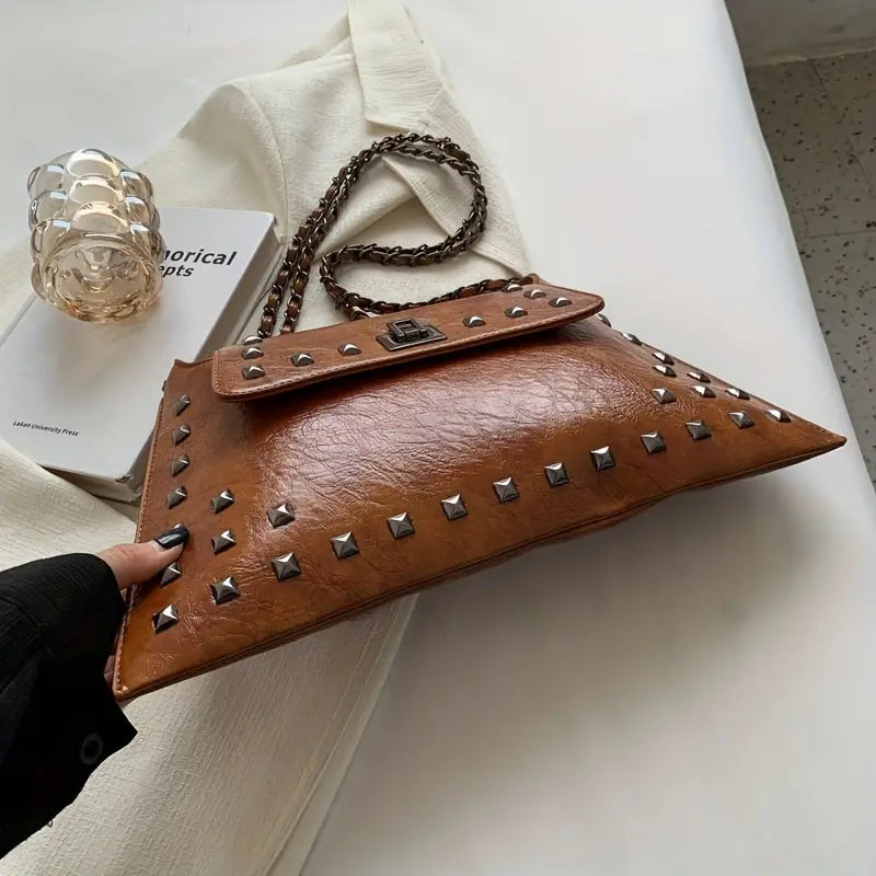 Brown Studded Shoulder Purse with Turn-lock Closures