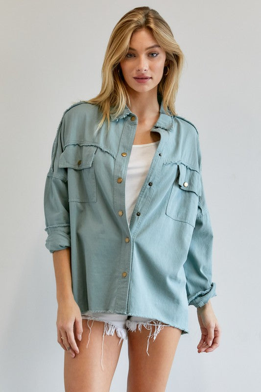 Dusty Blue Button Down Long Sleeve Shirt with Pockets