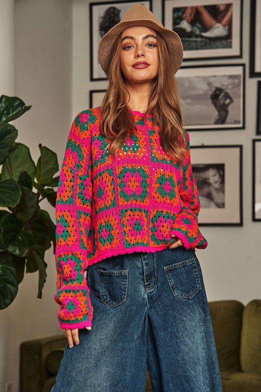 Pink Neon Multi Granny Patch Crochet Sweater 