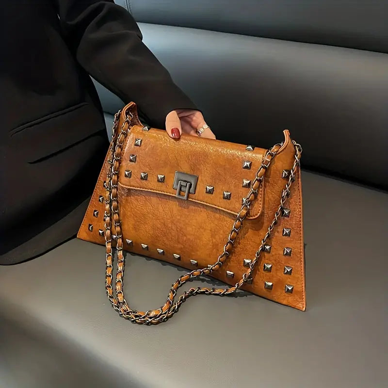 Brown Studded Shoulder Purse with Turn-lock Closures