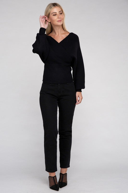 Black Cross Wrap Pullover Sweater