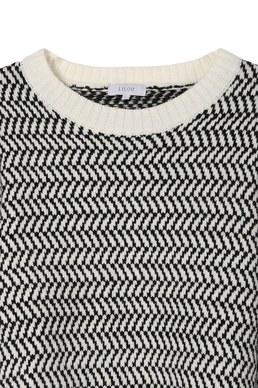  Herringbone Pattern Crew Neck Sweater