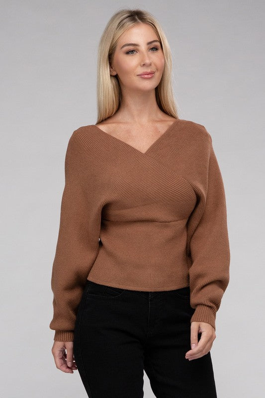 Deep Camel Cross Wrap Pullover Sweater