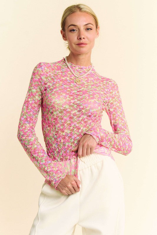 Pink Mesh Floral Long Sleeve Top