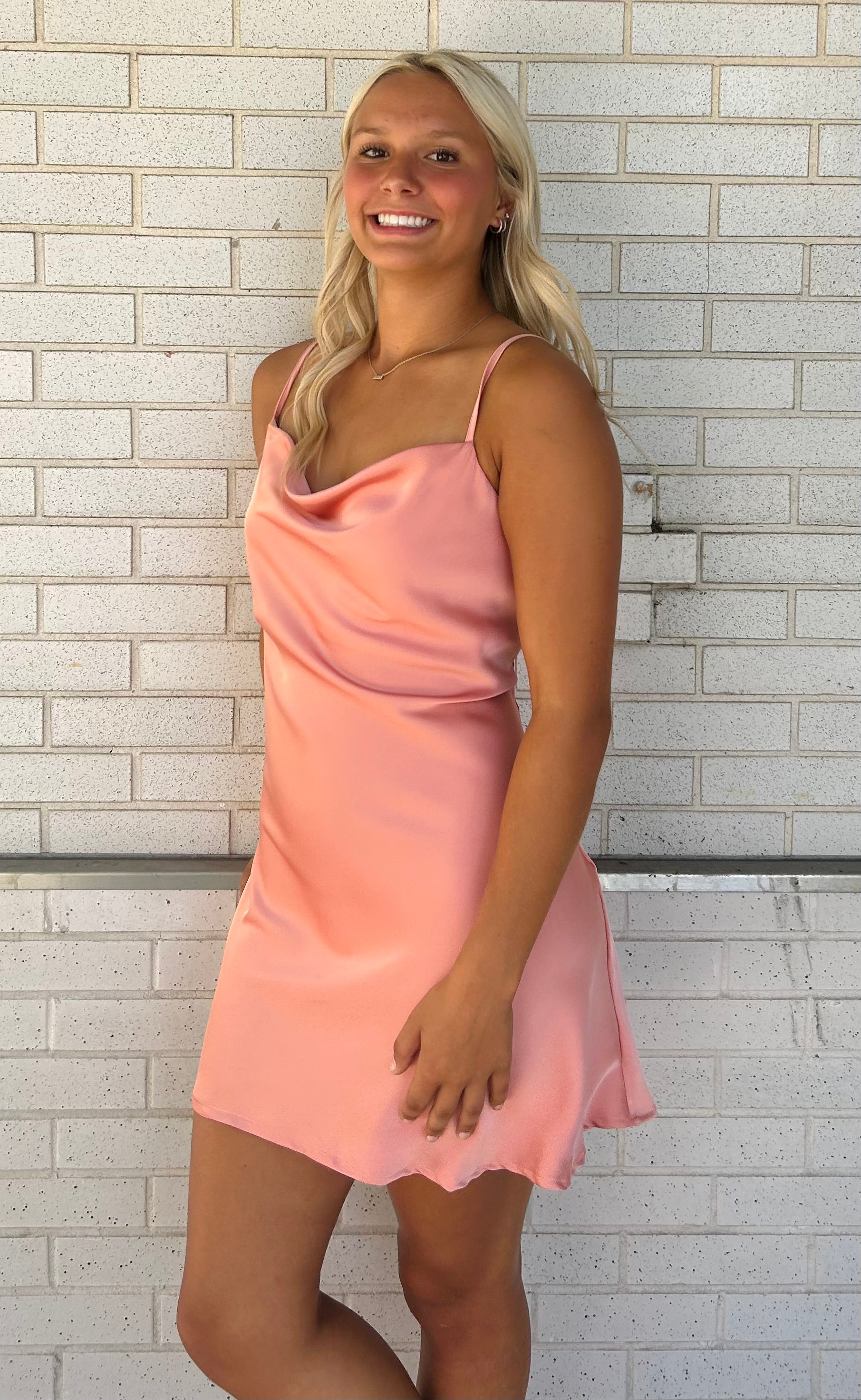 Pink Cowl Neck Short Cocktail Dress with Spaghetti Straps