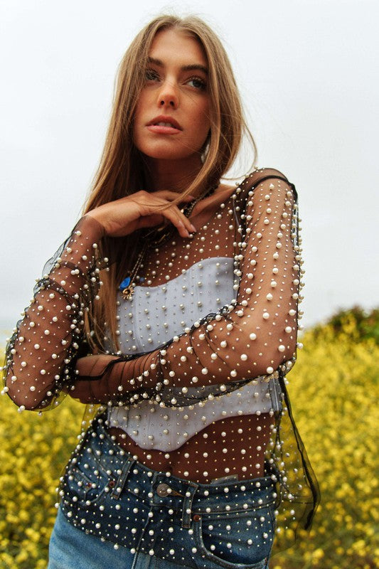 Black Bead and Pearl Long Sleeve Mesh Top