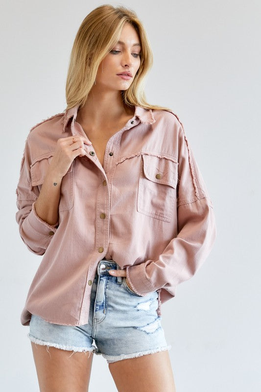 Blush Button Down Long Sleeve Shirt with Pockets