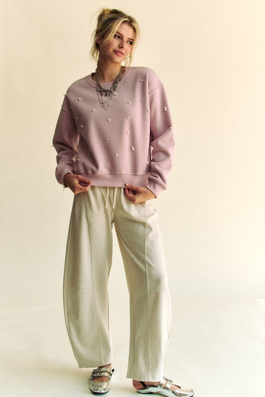 Cream Barrel Leg Drawstring Pants