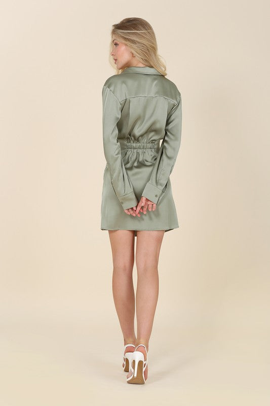 Sage Satin Wrap Mini Dress