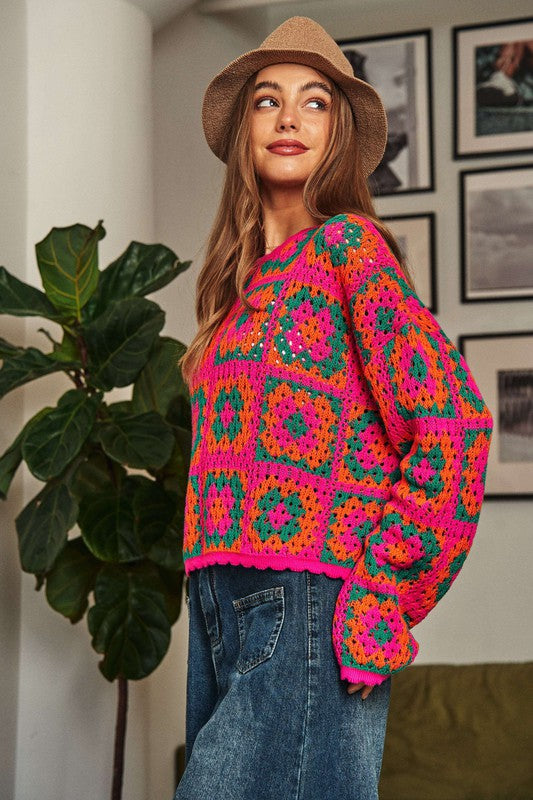 Pink Neon Multi Granny Patch Crochet Sweater 