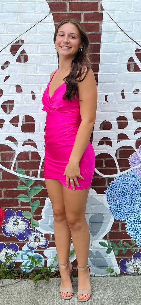 Pink Satin Bodycon Homecoming Dress with Spaghetti Straps and V-Neckline 