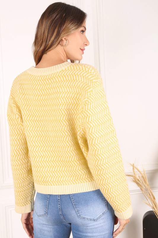 Yellow Herringbone Pattern Crew Neck Sweater