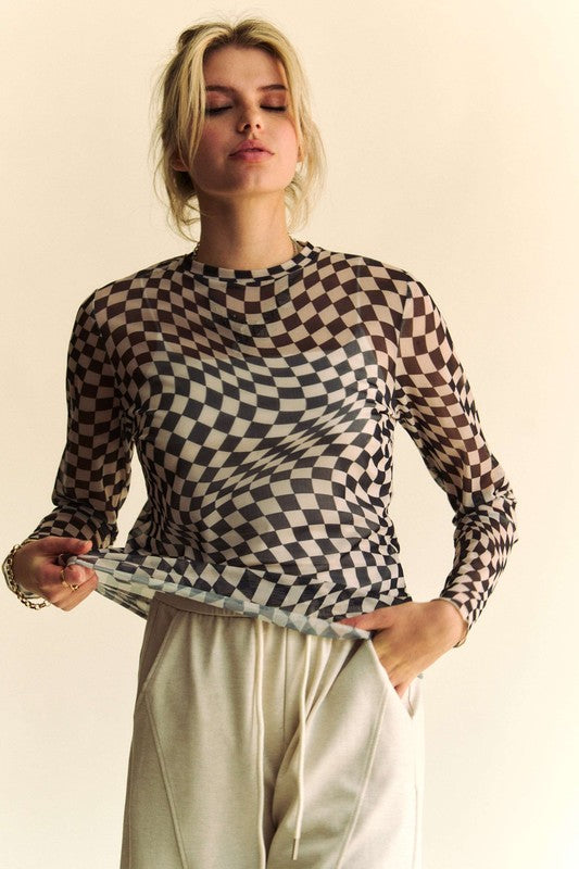 Black Sheer Checker Board Mesh Top