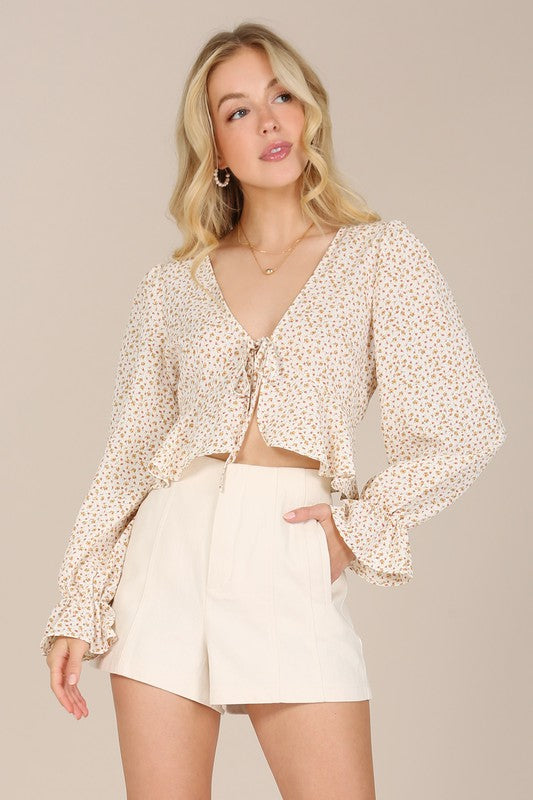 Beige Floral Long Sleeve Frill Blouse