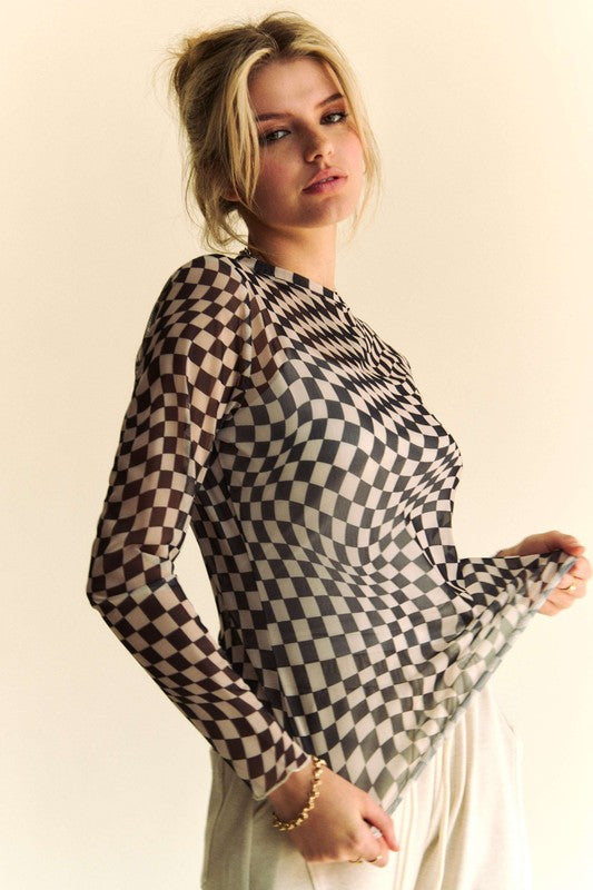 Black Sheer Checker Board Mesh Top