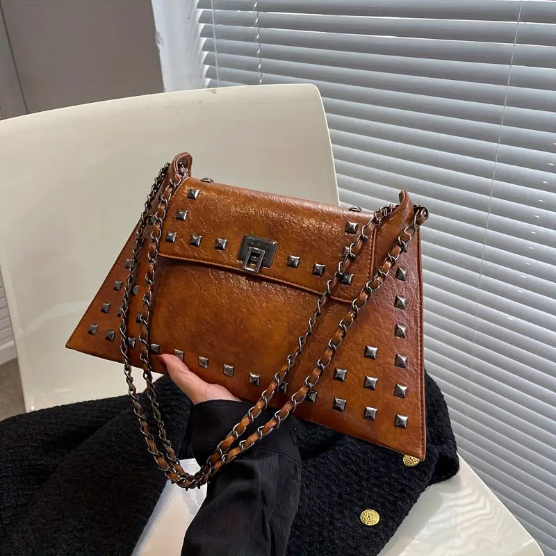 Brown Studded Shoulder Purse with Turn-lock Closures