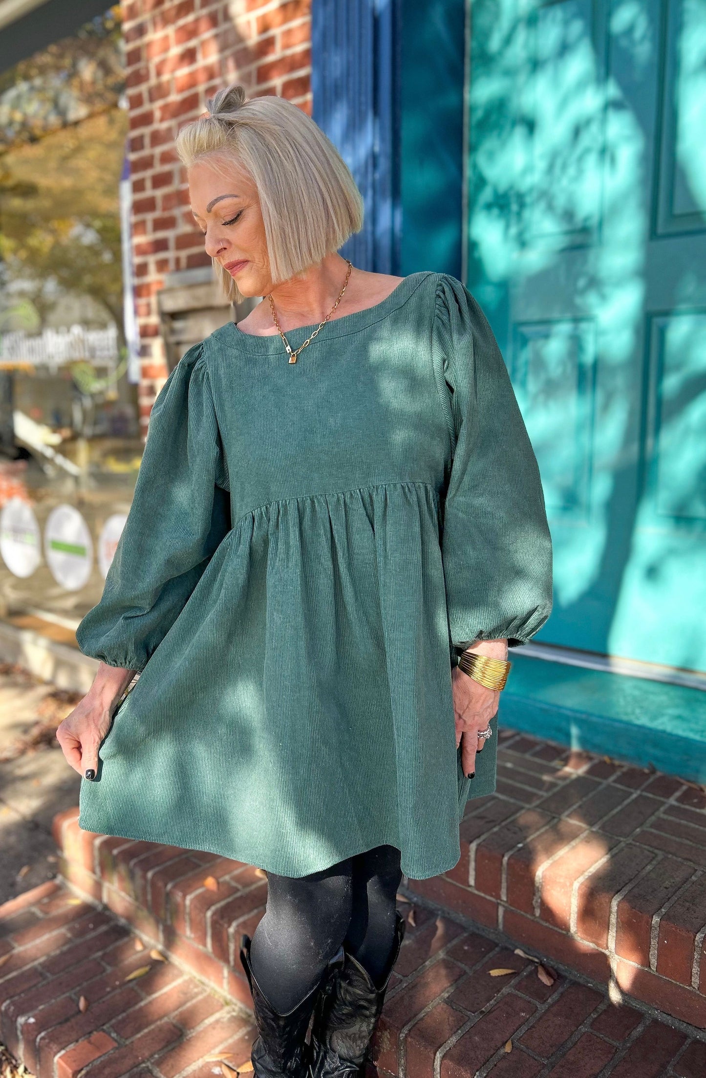 Sage Corduroy Babydoll Dress