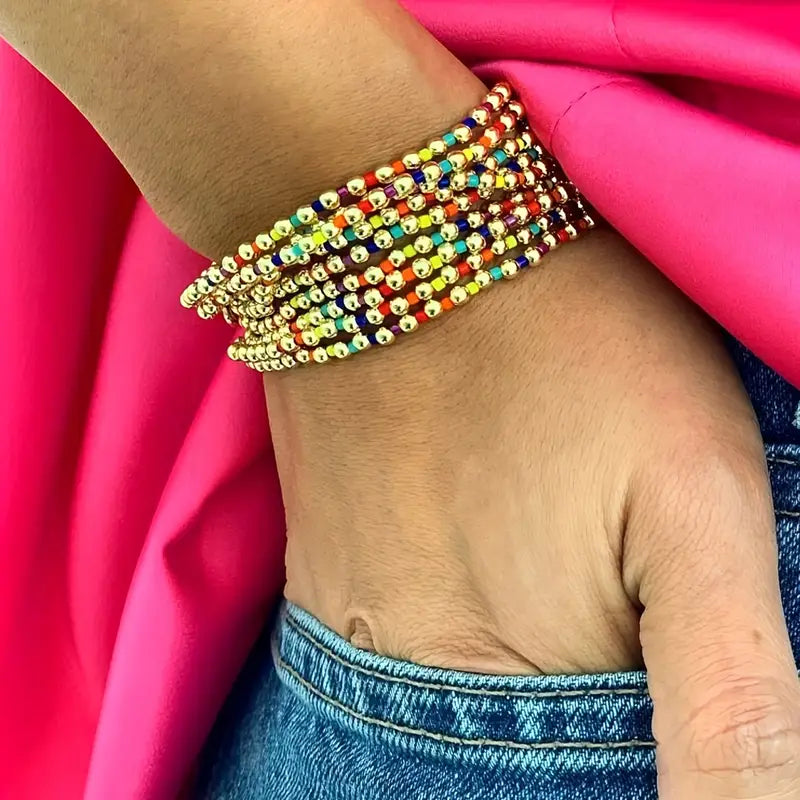 Multi Color Rainbow and Gold Beaded Bracelet Set