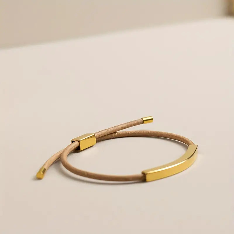 Beige and Gold Leather Adjustable Bracelet