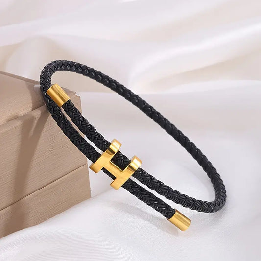 Black and Gold Vegan Leather Bracelet